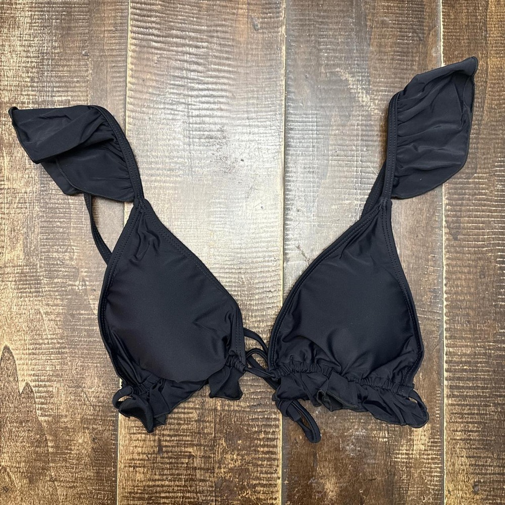 Black Bikini Top with Adjustable Straps and Back Tie and Ruffle Detail